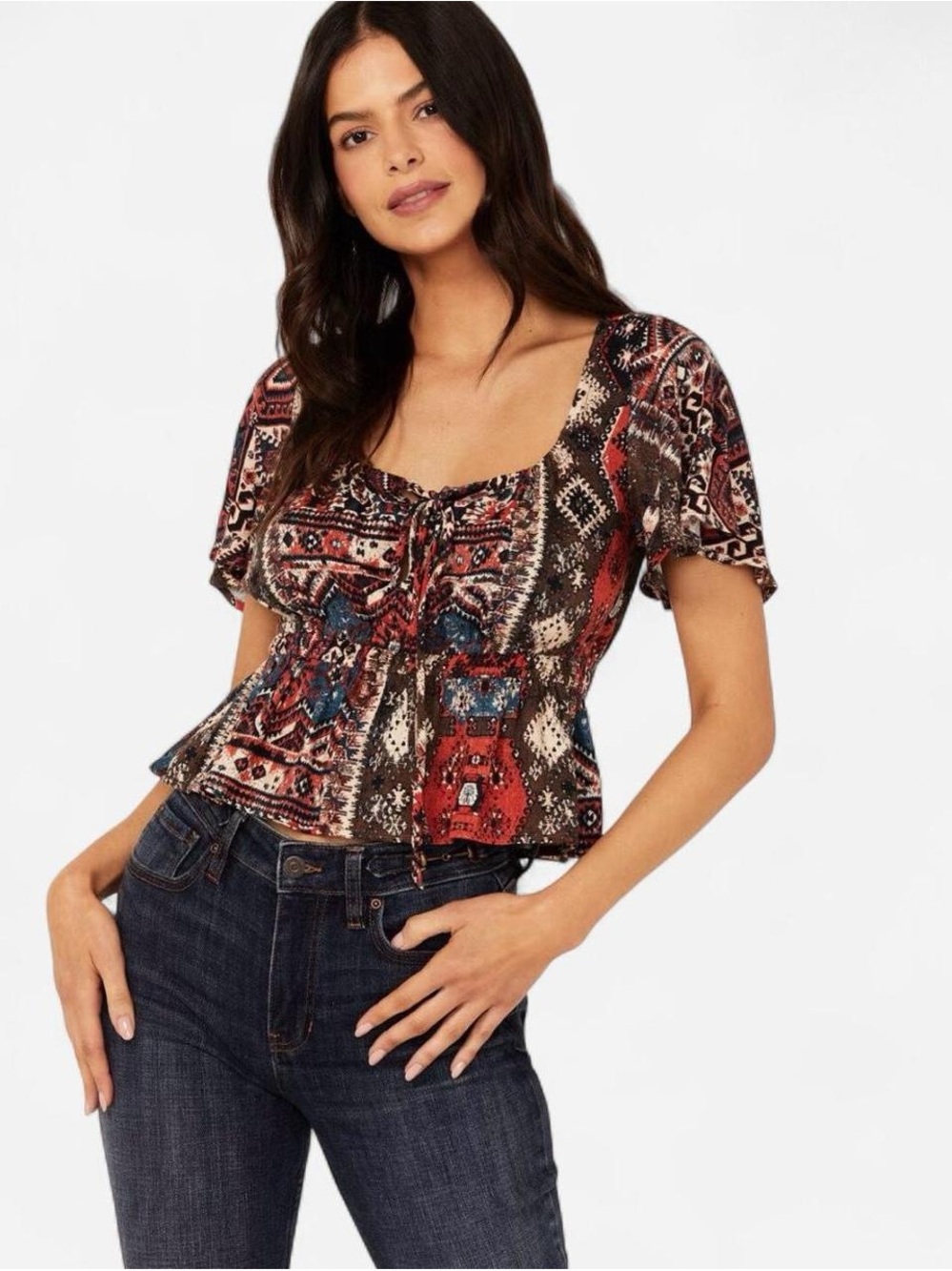 IDYLLWIND WOMEN'S STIRRUP PRINT SHORT SLEEVE CROPPED SHIRT S Western Boho